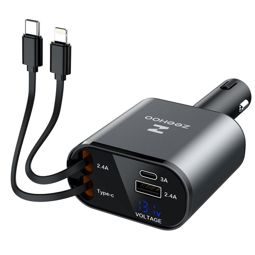 ZEEHOO Retractable Car Charger - 4 in 1 Car Charger Fast Charge Car Accessories Car Charger USB C - Compatible with iPhone and Android Devices